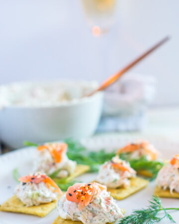Smoked salmon dip with crackers on a white plate with dill garnishment.