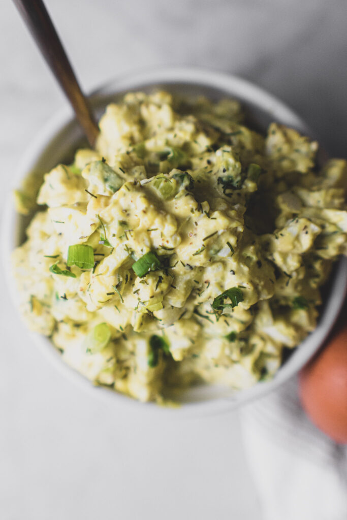 Egg salad in small white dish