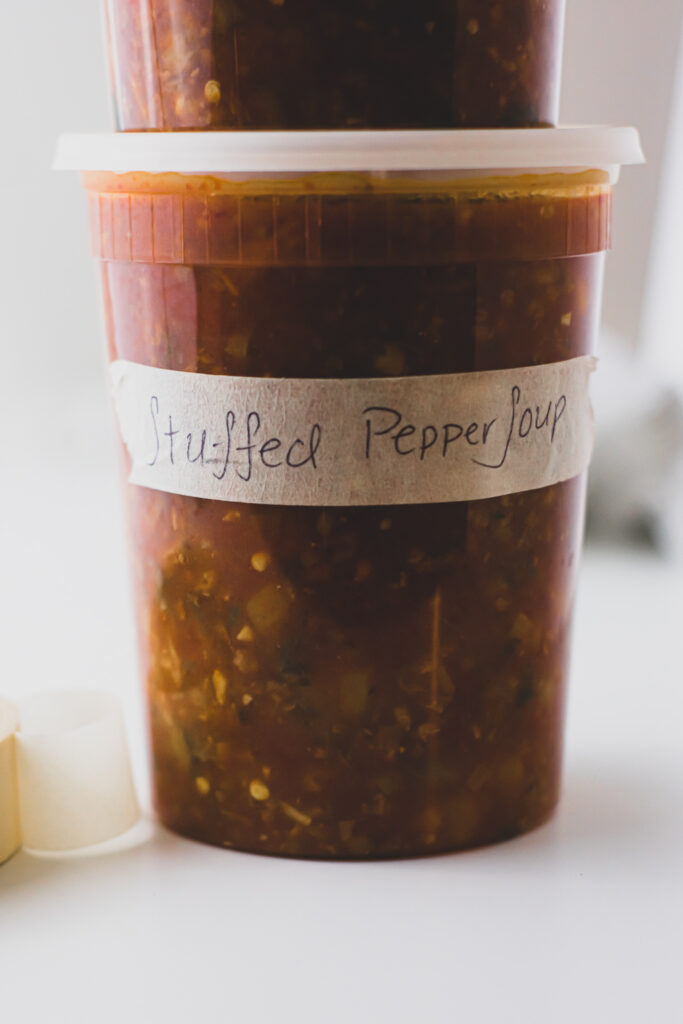 Stuffed bell pepper soup in quart containers. 