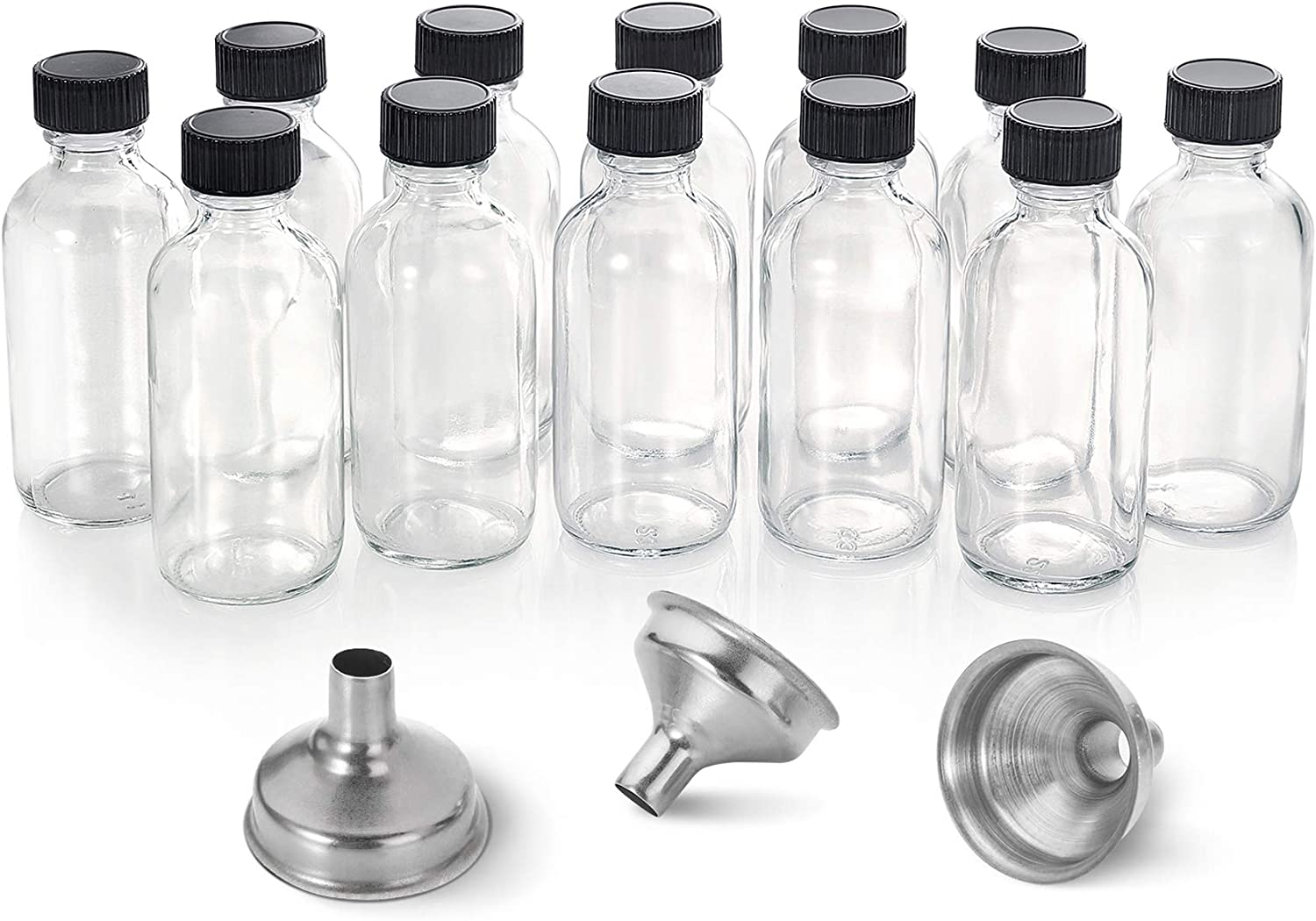12 Pack, 2 oz Small Clear Glass Bottles with Lids & 3 Stainless Steel Funnels - 60ml
