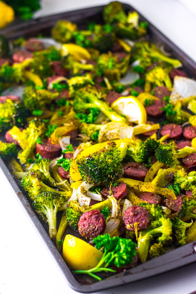 Sheet Pan Meal: Sausage, Broccoli, Peppers, and Onions